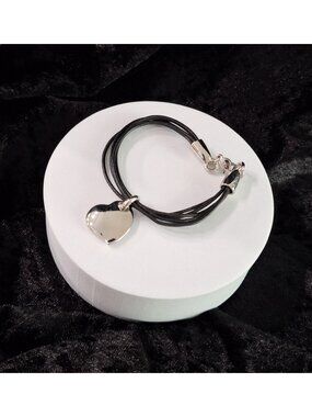 Nine West Black Leather Heart Charm Bracelet Silver Tone